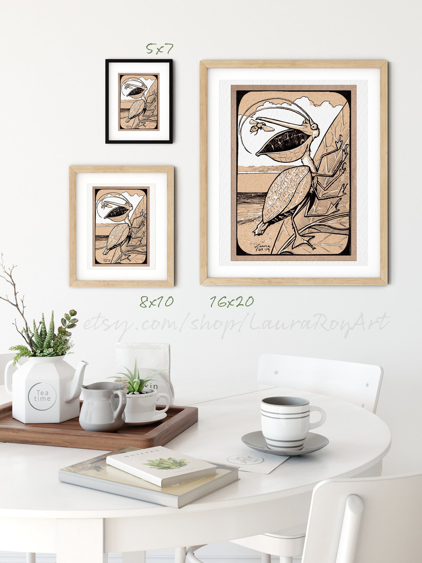 Pelican Katydid Whimsical Pen + Ink Giclée Print
