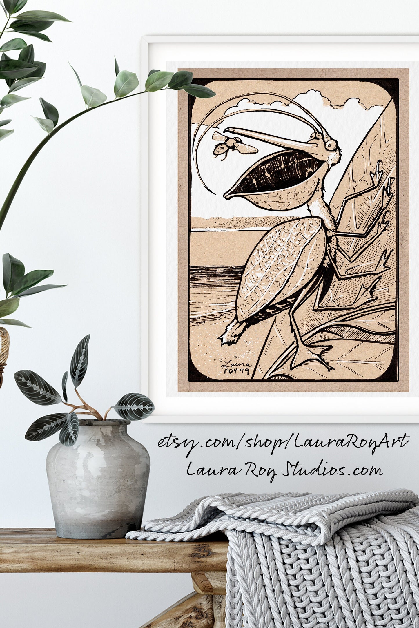 Pelican Katydid Whimsical Pen + Ink Giclée Print
