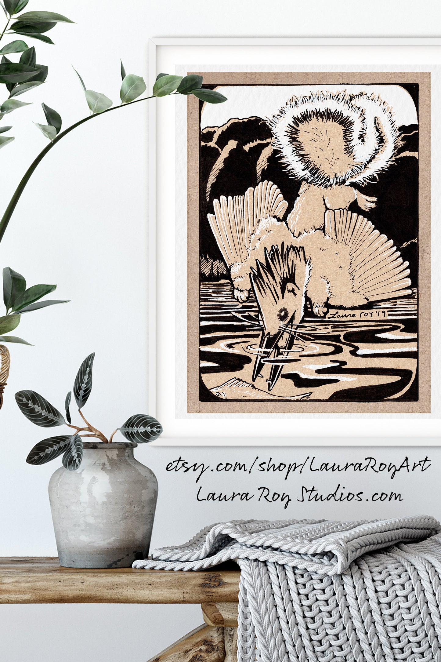 King Fisher Squirrel Whimsical Pen + Ink | Giclée Print