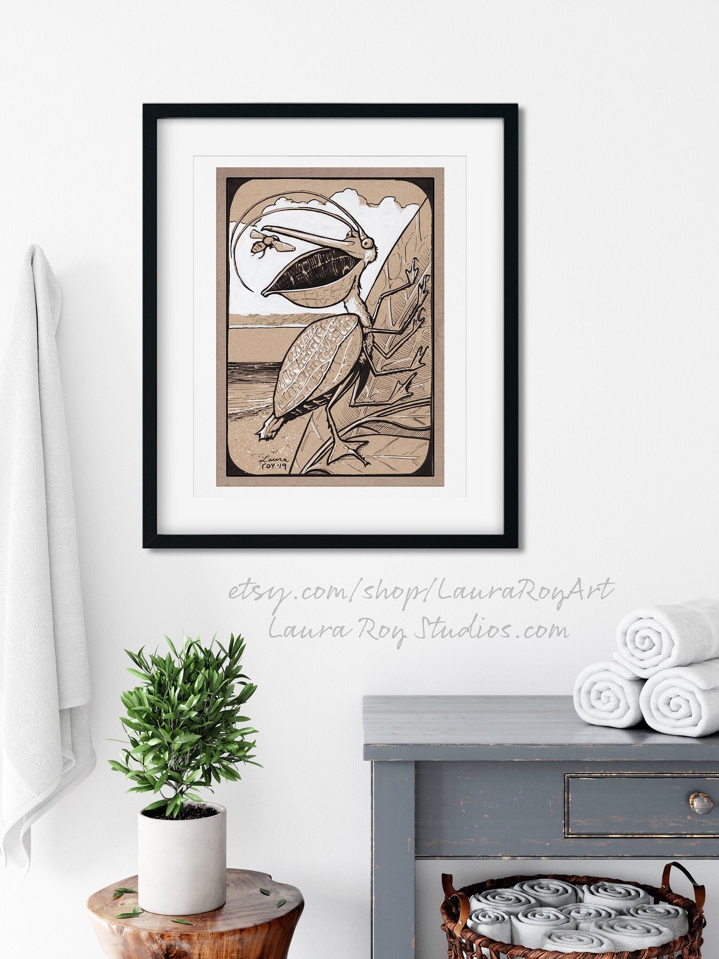 Pelican Katydid Whimsical Pen + Ink Giclée Print