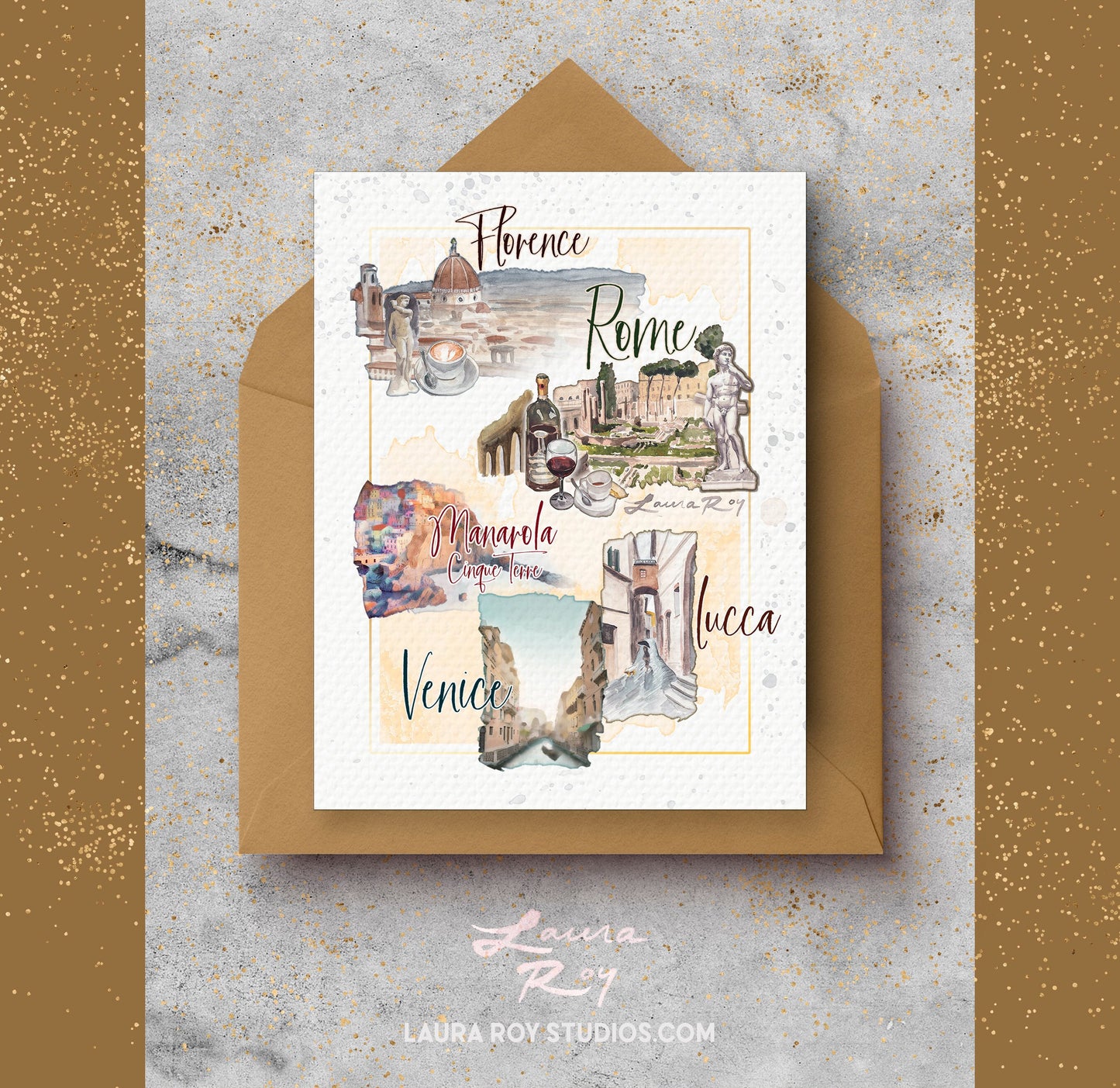 Personalized Italy Travel Card - Watercolor Florence, Rome, Venice, Cinque Terre, Lucca for Weddings, Honeymoons & Trips (Single or Set)