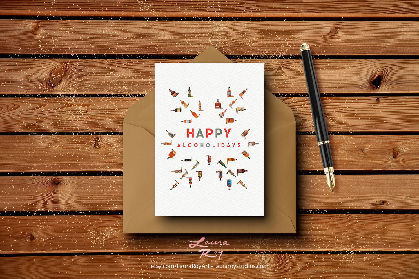 Personalized Whiskey Snowflake Card - Watercolor Whiskey Bottles Snowflake Pattern, Customizable Christmas Holiday Greeting (Single or Set)
