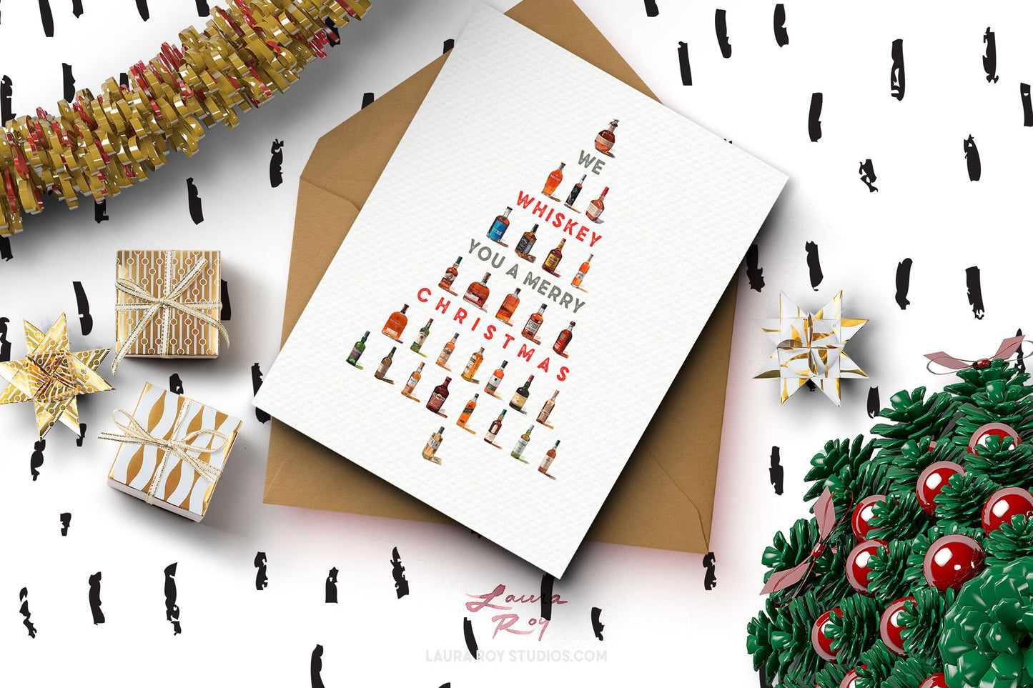 Personalized Whiskey Tree Christmas Card - Watercolor Whiskey Bottles Forming a Tree, Customizable Holiday Greeting (Single or Set)