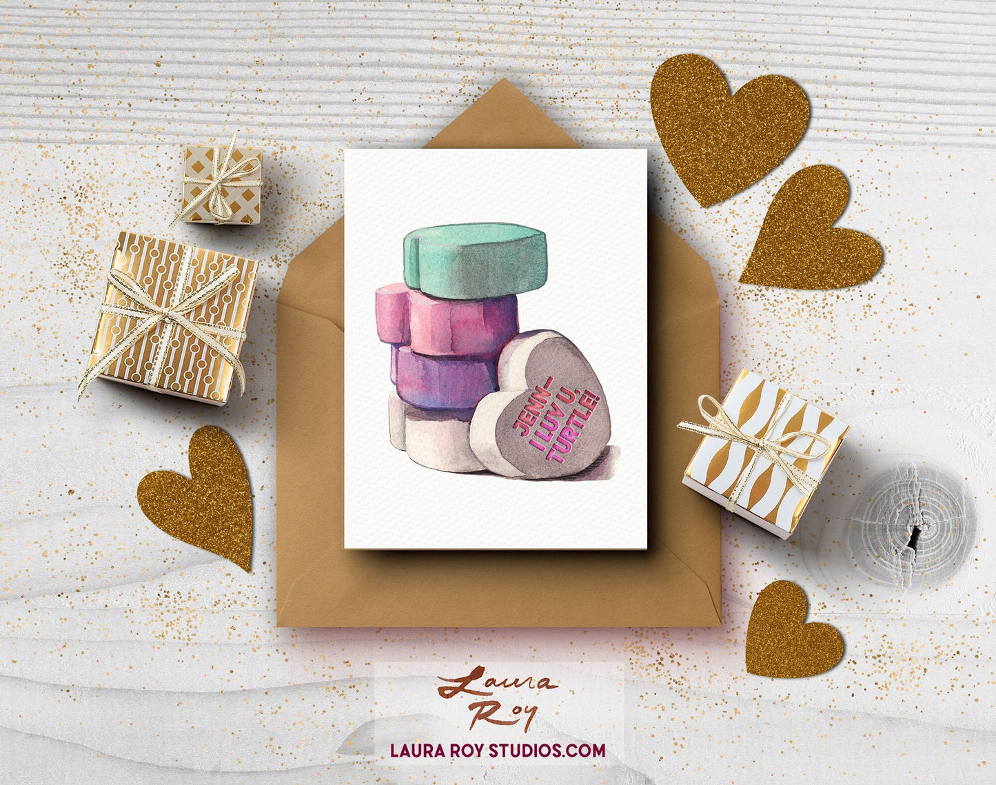 Personalized Conversation Hearts Card - Watercolor Candy Hearts with Custom Messages for Valentine's Day (Single or Set)