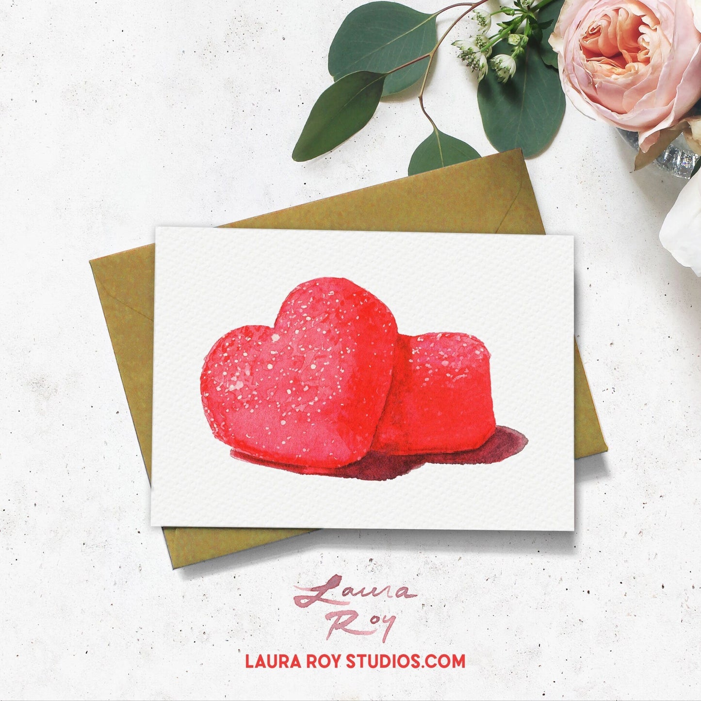 Personalized Sparkly Pink Gummy Heart Candies - Watercolor Valentine's Day Card, Sweetheart Gift for Her or for Him (Single or Set)