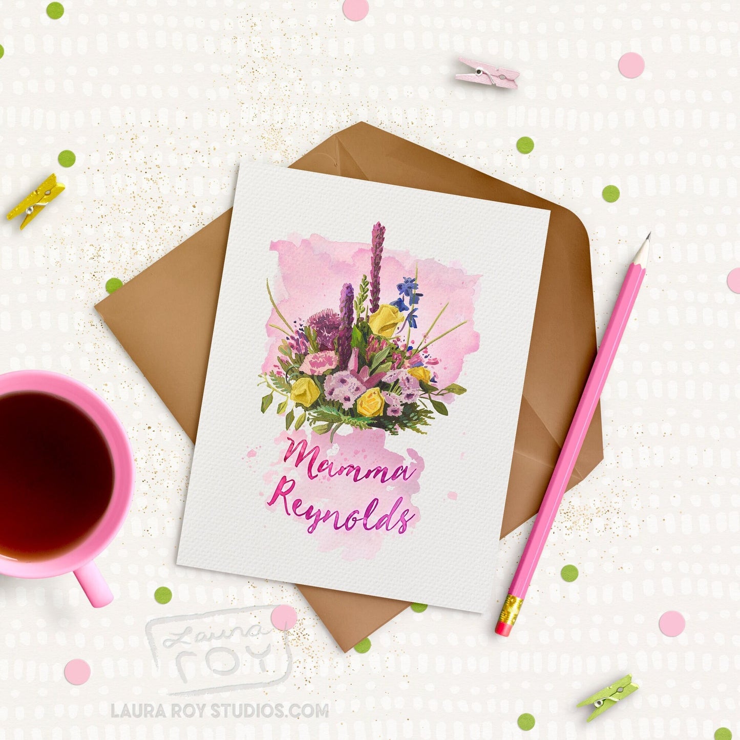 Personalized Floral Bouquet with Name Card - Watercolor Flowers for Mother's Day, Birthdays, Anniversaries, Sympathy (Single or Set)