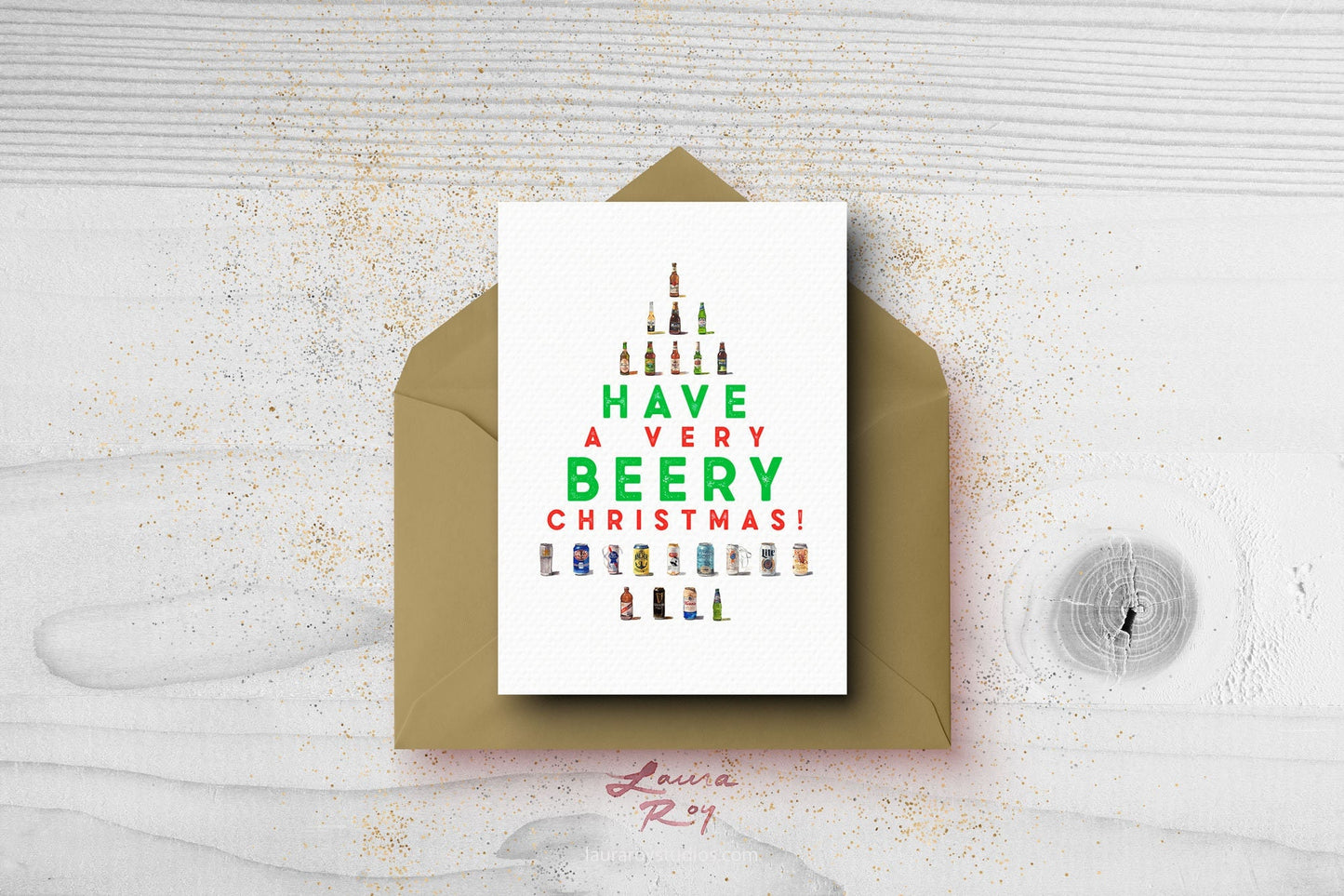 Personalized Beer Tree Christmas Card - Watercolor Beer Bottles and Cans Forming a Tree, Customizable Holiday Greeting (Single or Set)
