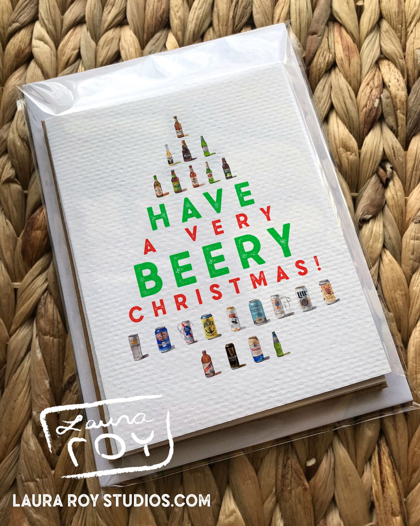Personalized Beer Tree Christmas Card - Watercolor Beer Bottles and Cans Forming a Tree, Customizable Holiday Greeting (Single or Set)