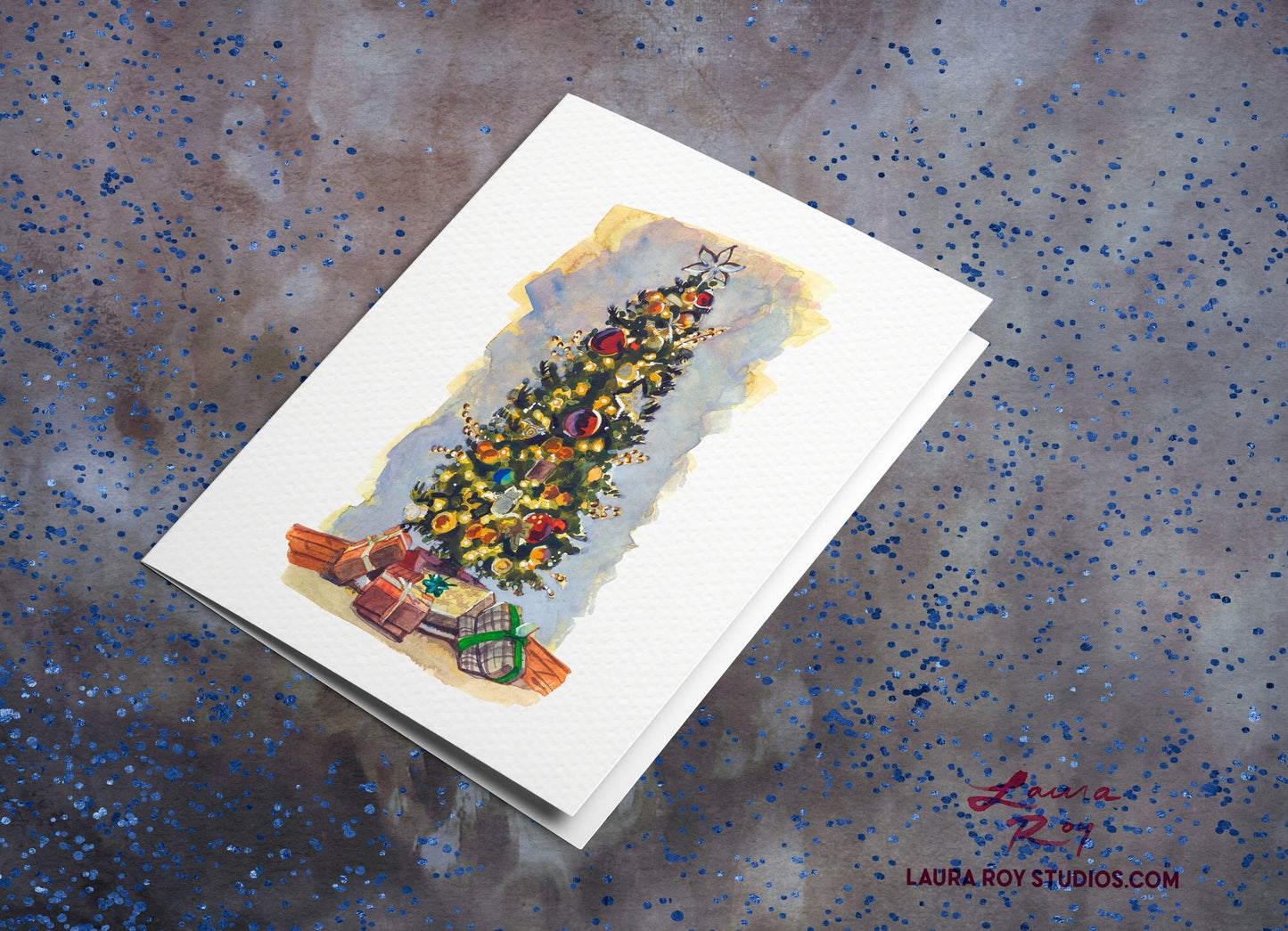 Personalized Christmas Tree with Gifts Card - Tall Tree with Gold & Red Ornaments, Customizable Holiday Greeting (Single or Set)