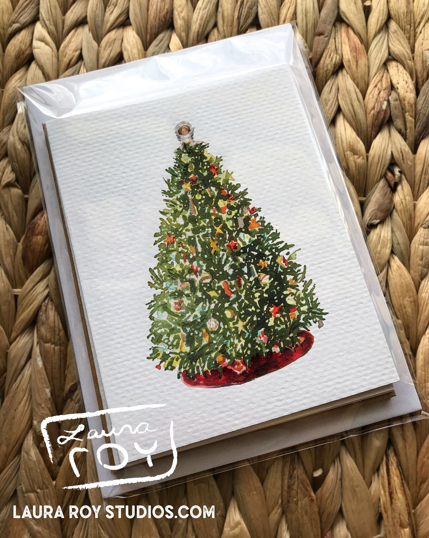 Personalized Decorated Christmas Tree Card – Watercolor Christmas Tree with Velvet Skirt & Angel, Customizable Holiday Greeting (Single or Set)