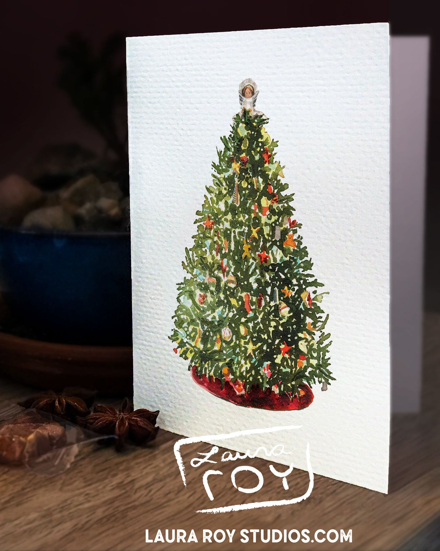 Personalized Decorated Christmas Tree Card – Watercolor Christmas Tree with Velvet Skirt & Angel, Customizable Holiday Greeting (Single or Set)
