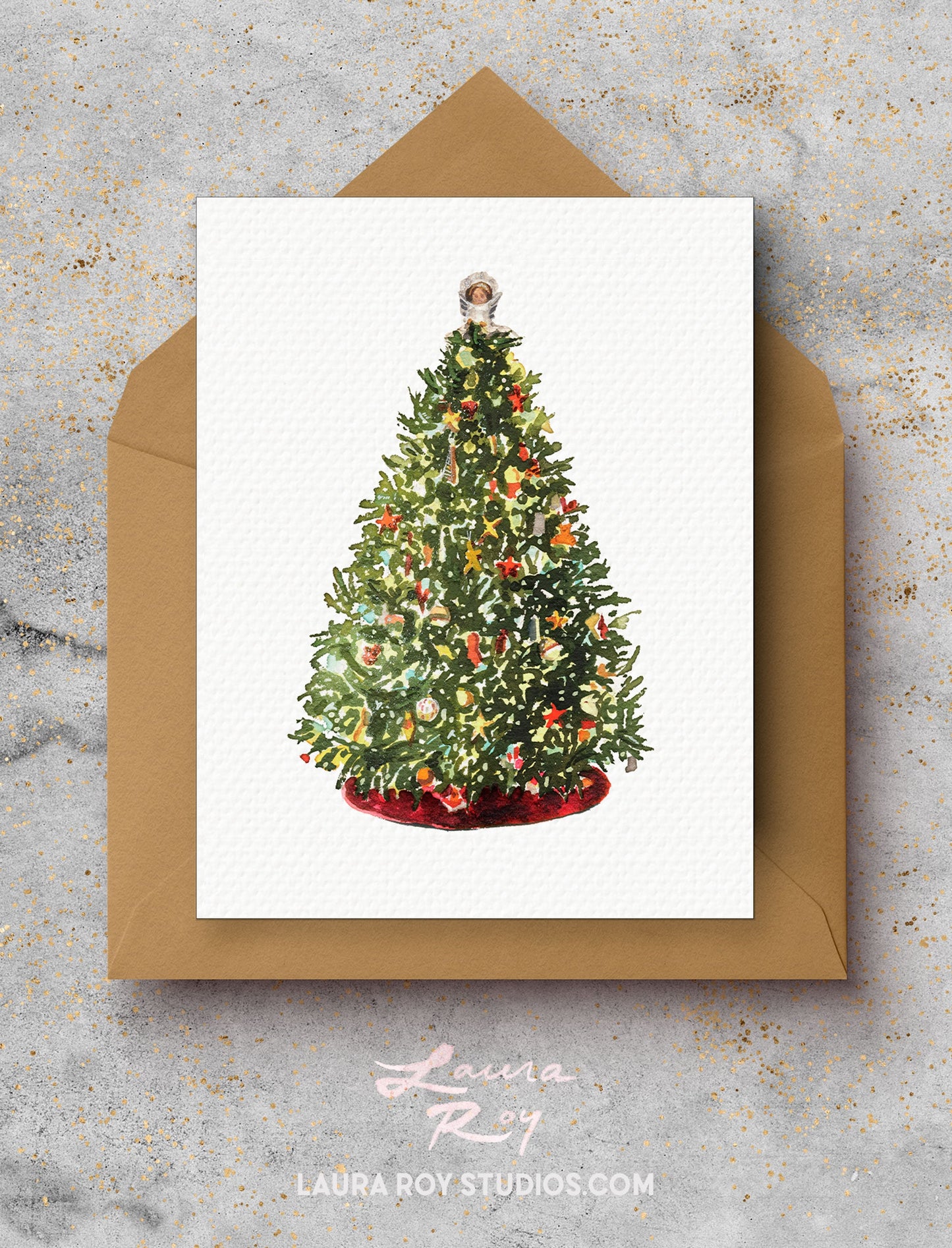Personalized Decorated Christmas Tree Card – Watercolor Christmas Tree with Velvet Skirt & Angel, Customizable Holiday Greeting (Single or Set)