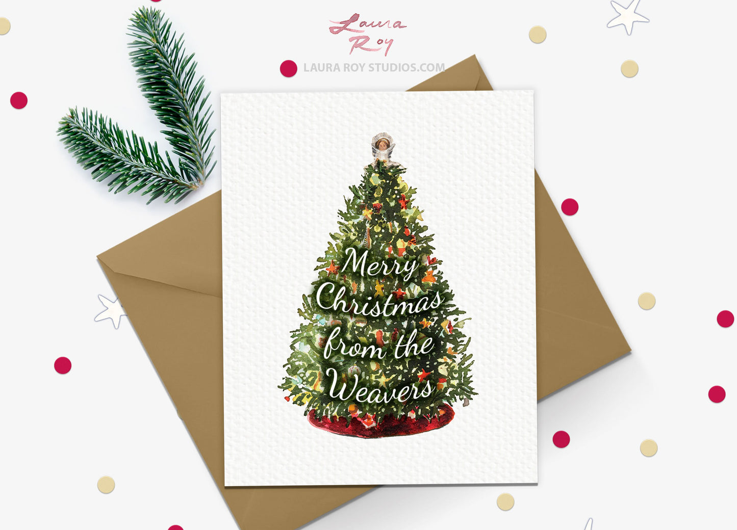 Personalized Decorated Christmas Tree Card – Watercolor Christmas Tree with Velvet Skirt & Angel, Customizable Holiday Greeting (Single or Set)