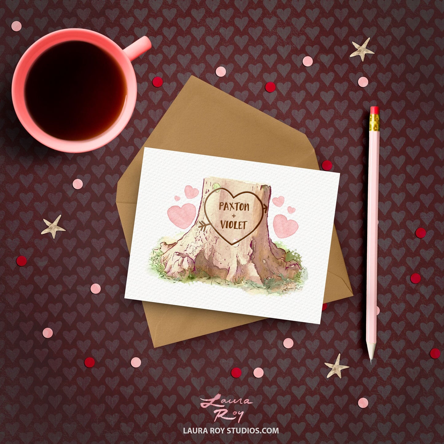 Personalized Heart Tree Trunk Card - Watercolor Artwork with Pink Hearts for Valentine's Day, Weddings, or Anniversaries (Single or Set)