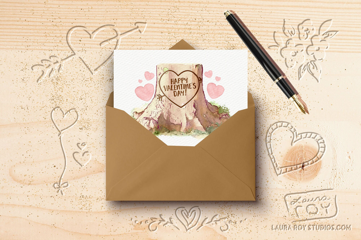 Personalized Heart Tree Trunk Card - Watercolor Artwork with Pink Hearts for Valentine's Day, Weddings, or Anniversaries (Single or Set)