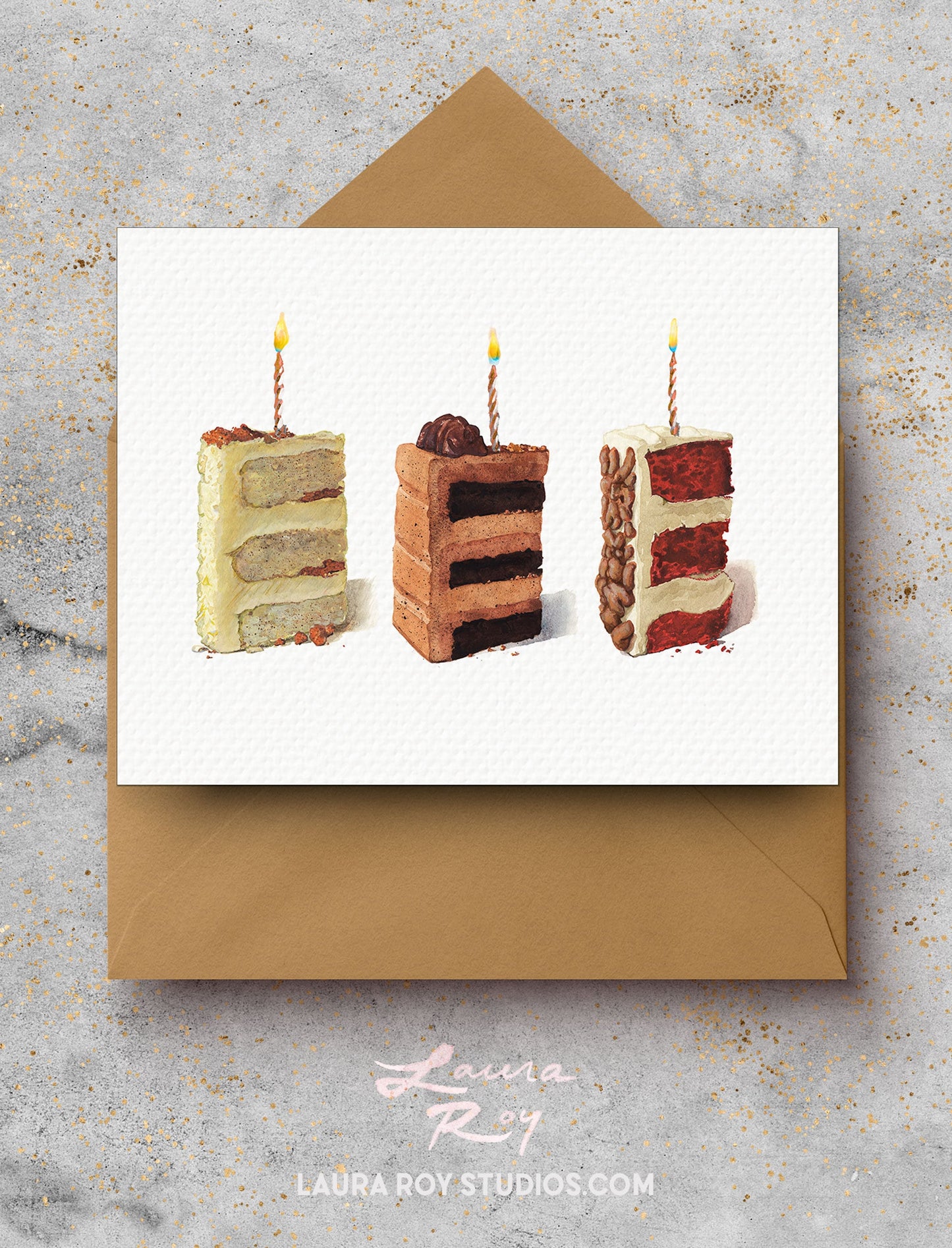 Personalized Trio of Cake Slices Birthday Card – Fun Watercolor Painting of Three Cake Slices with Candles (Single or Set)