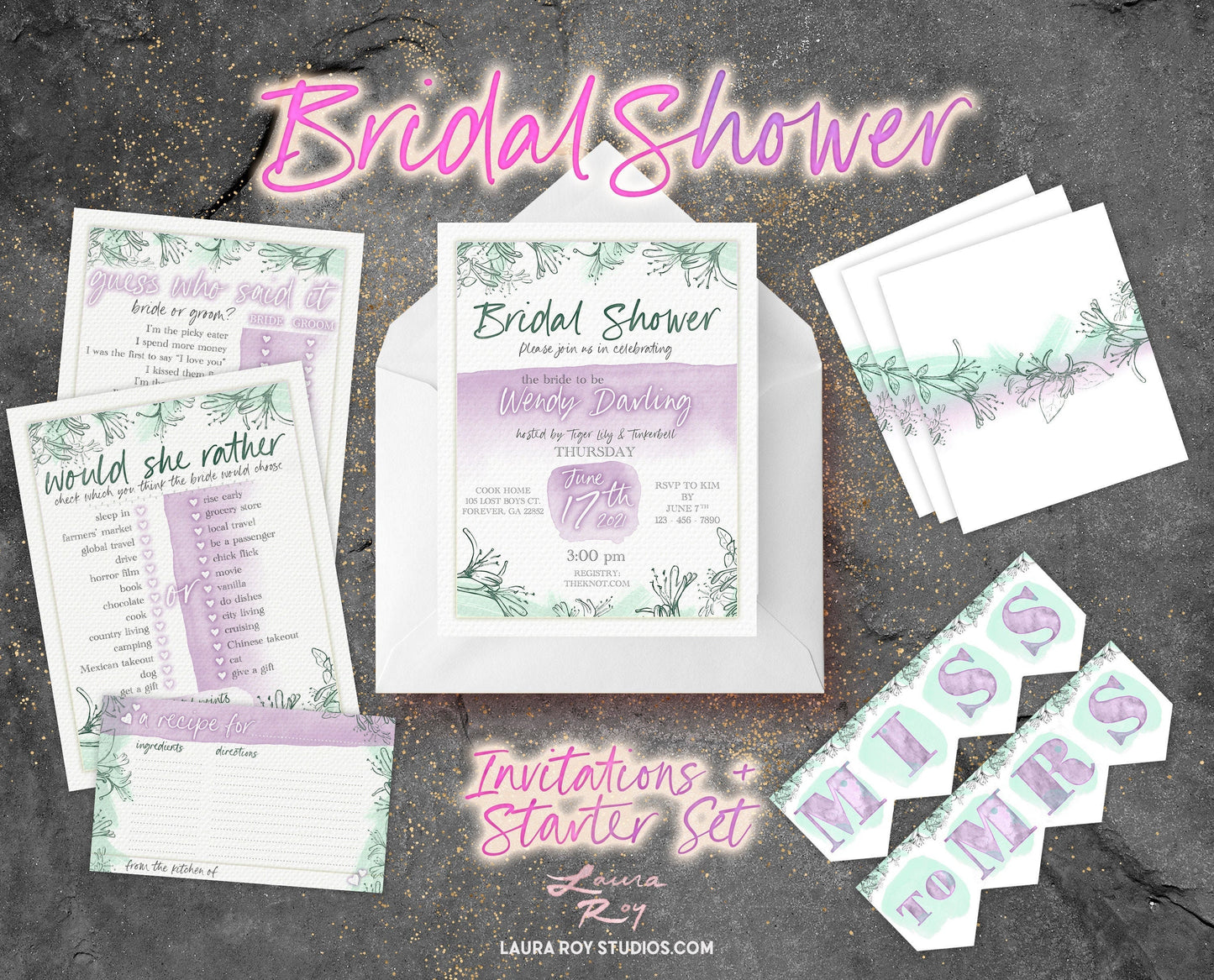 Watercolor Bridal Shower Invitations + Party Starter Pack | Floral Pattern Customizable