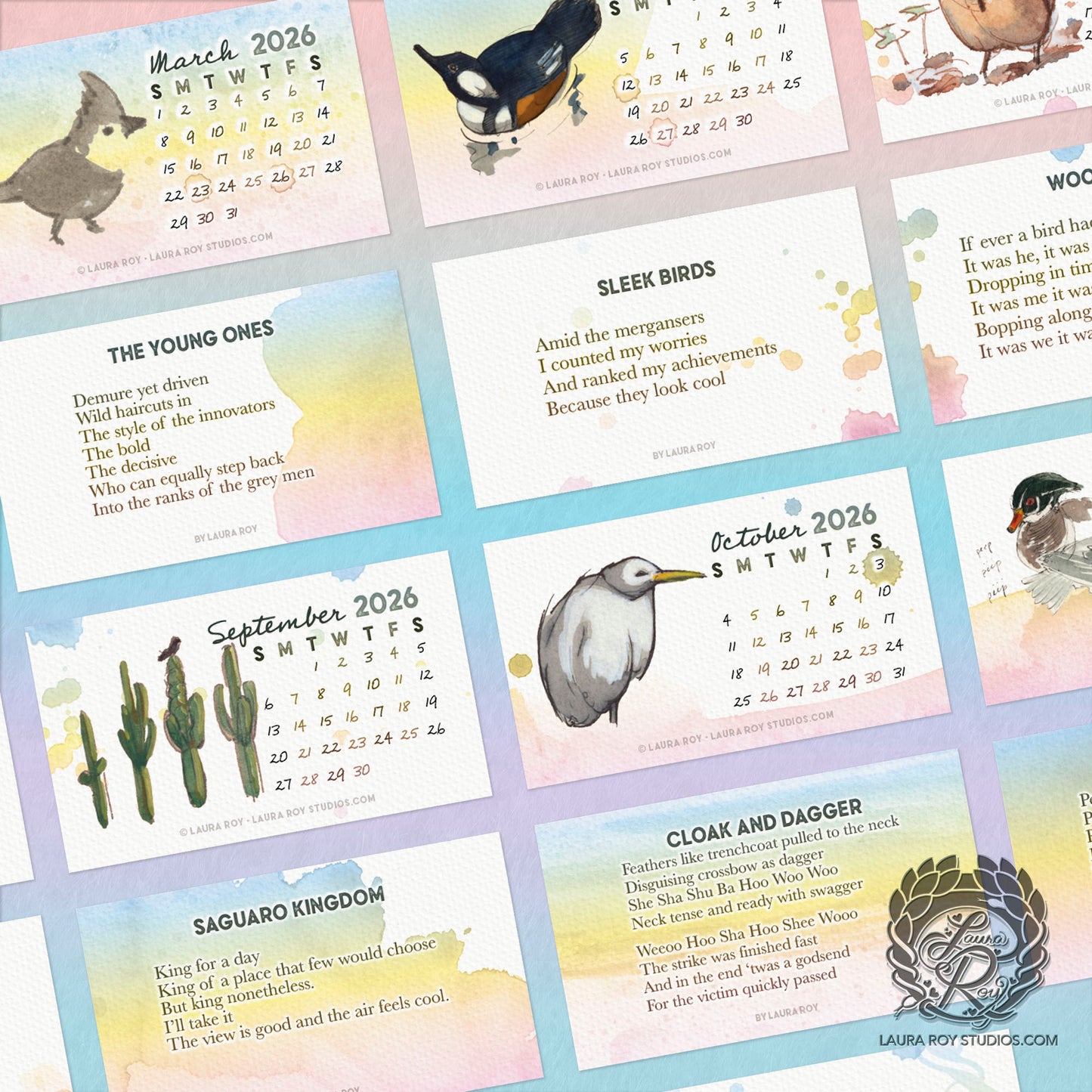 2026 Birds Watercolor Mini Calendar