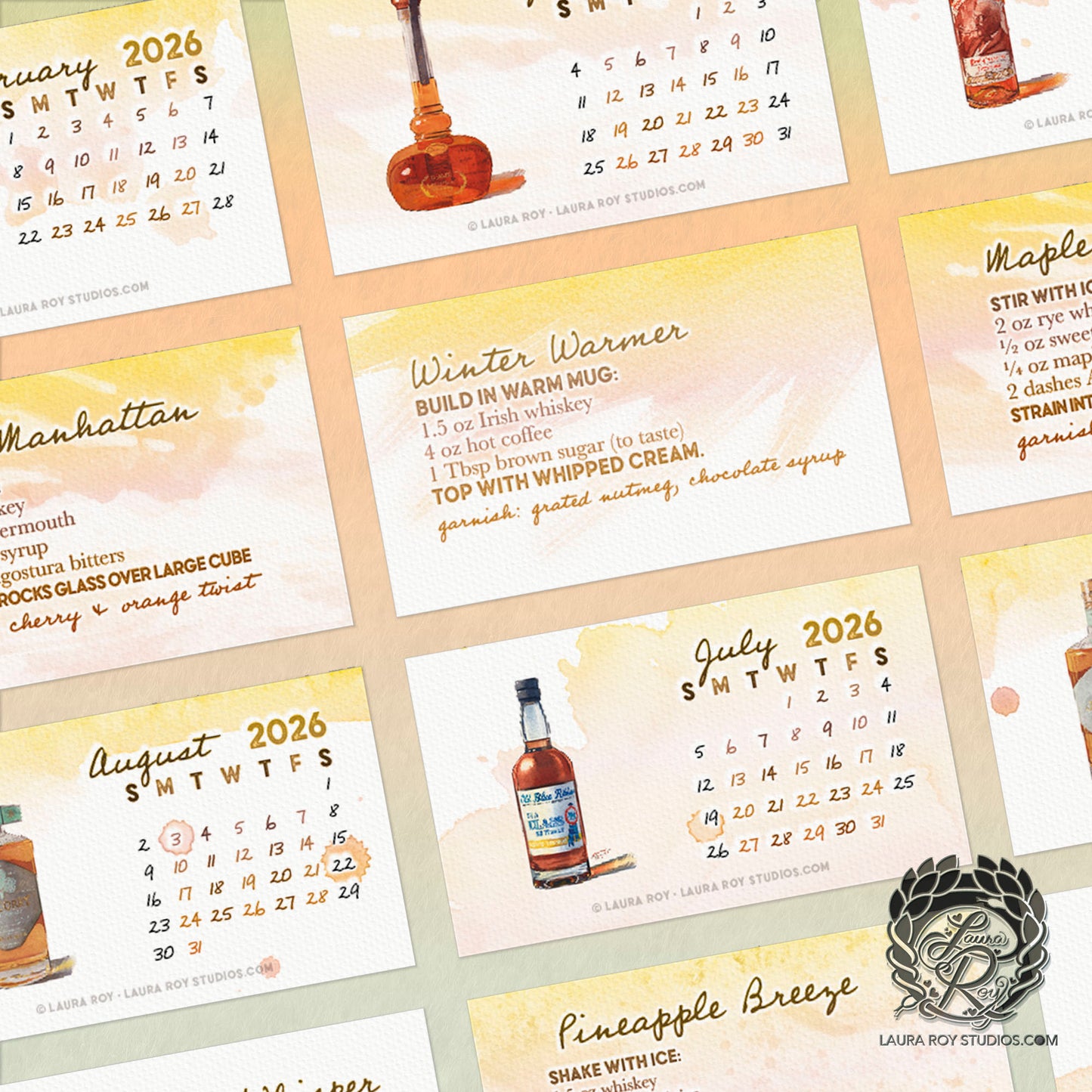 2026 Whiskey Watercolor Mini Calendar