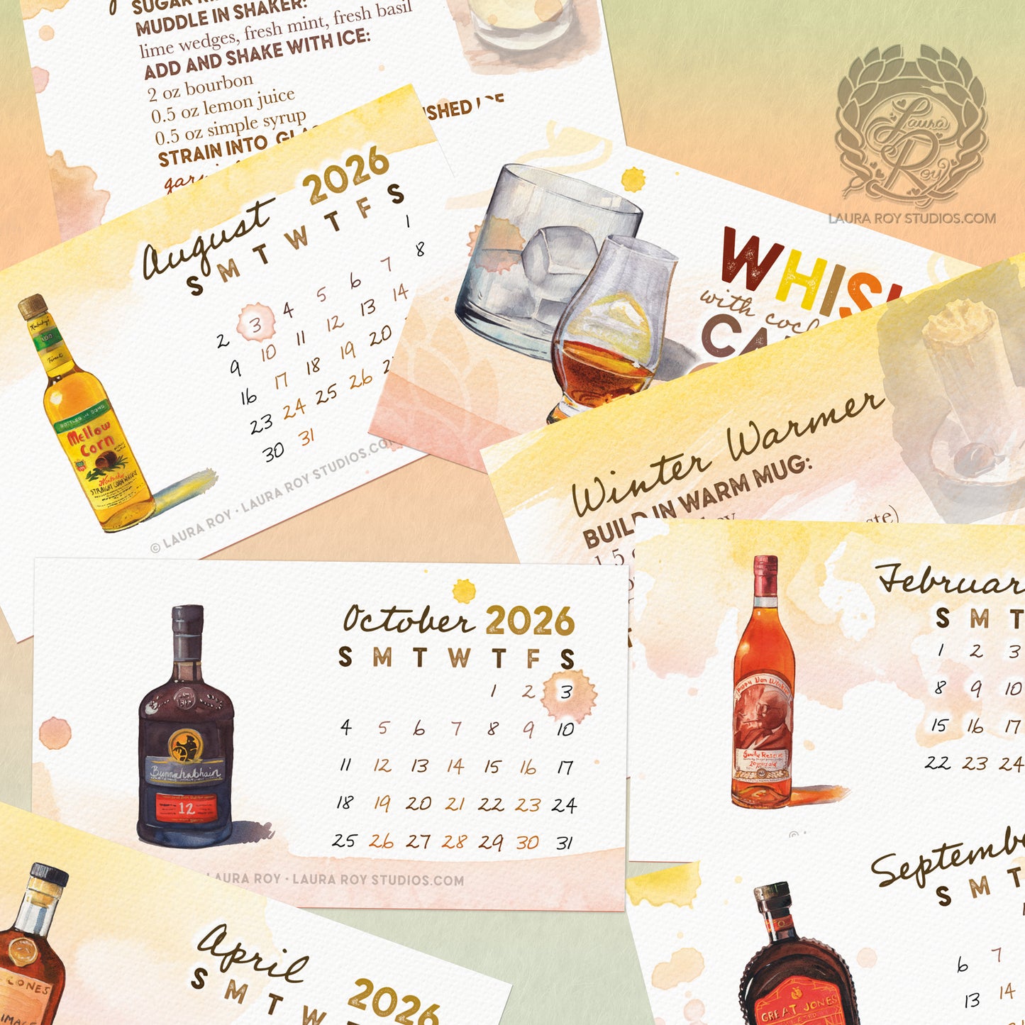 2026 Whiskey Watercolor Mini Calendar