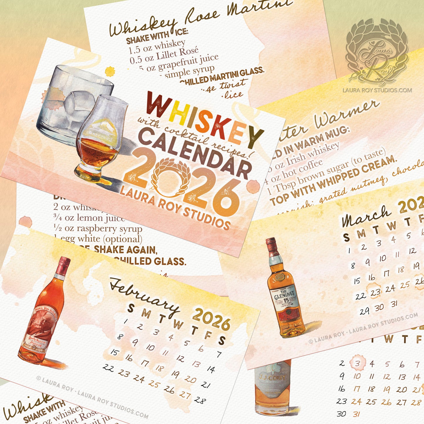 2026 Whiskey Watercolor Mini Calendar