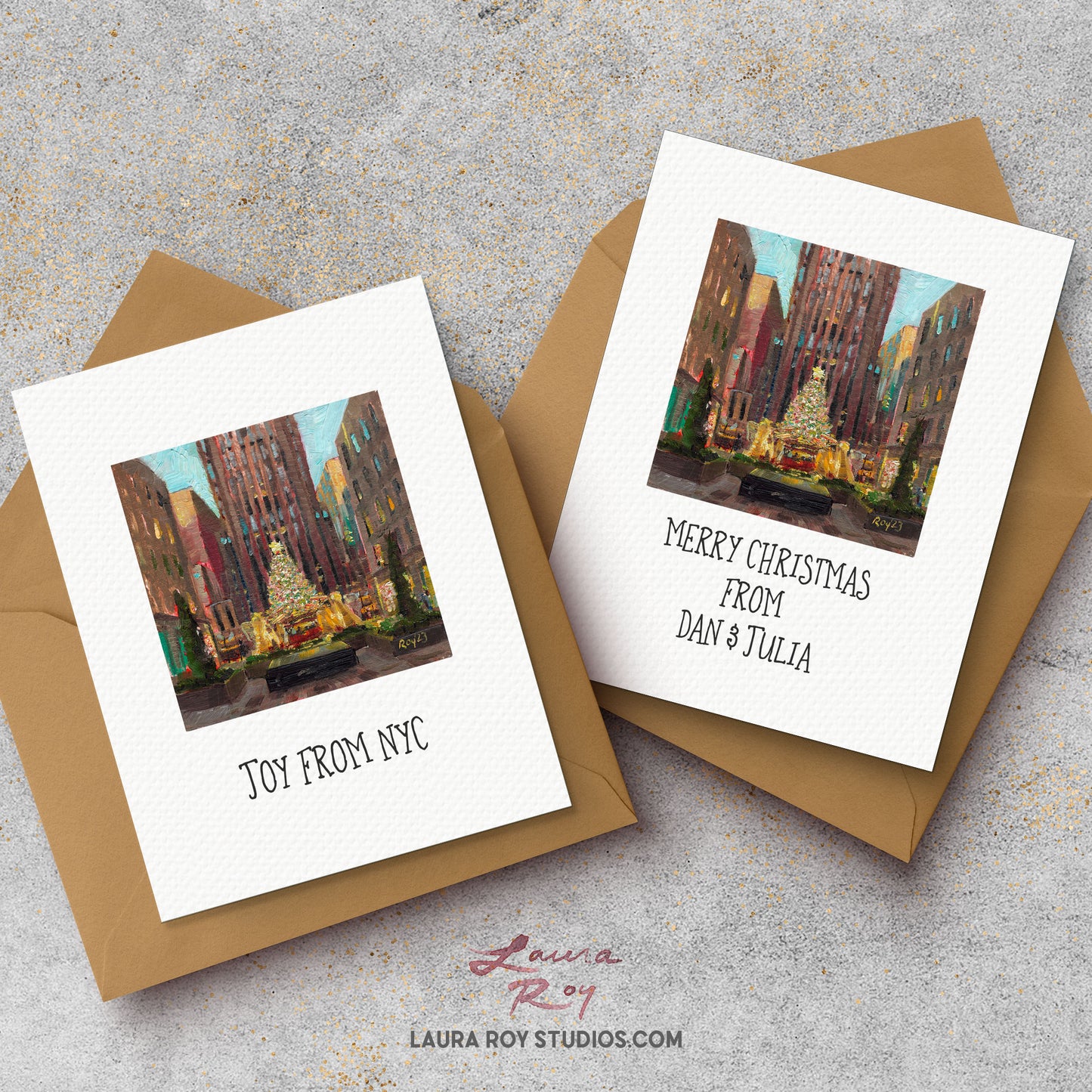 Personalized NYC Rockefeller Christmas Tree Card – Oil Painting of Rockefeller Center Tree at Dawn, Customizable Holiday Greeting (Single or Set)