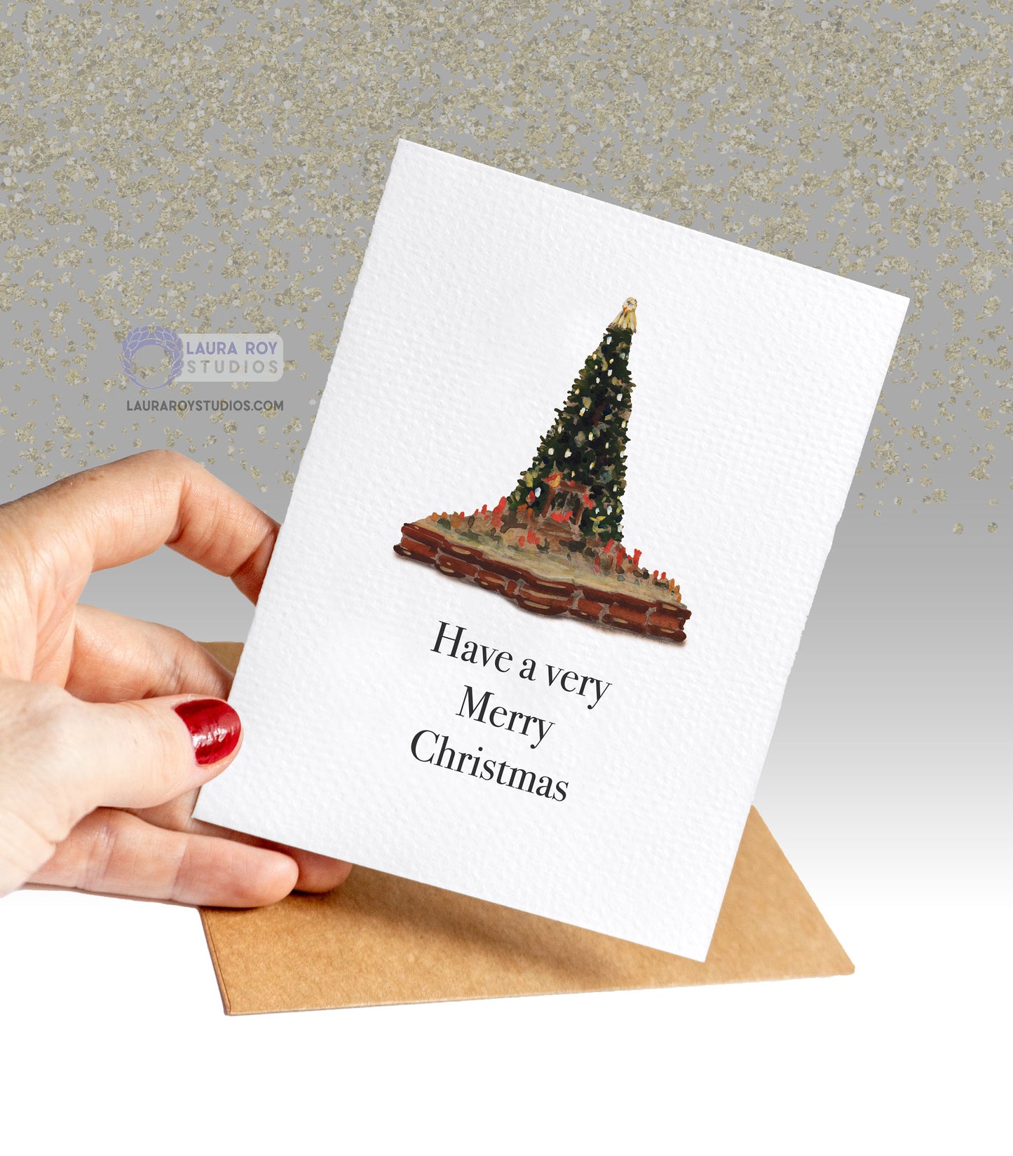 Personalized NYC Met Christmas Tree Card - Watercolor Artwork of Iconic Tree at The Met, Customizable Holiday Greeting (Single or Set)