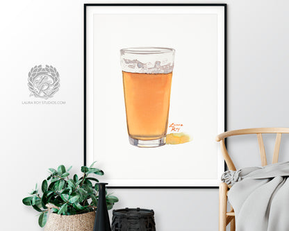 IPA Beer Watercolor Art Print – Pint Glass of Craft Beer with Frothy Head, Bar Decor