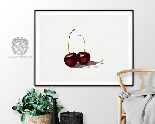 Black Cherries Watercolor Art Print – Romantic Fruit Pairing, Fine Art Kitchen Decor, Foodie Gift