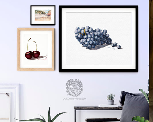 Watercolor Cabernet Grape Art Print – Realistic Wine Grapes Wall Decor, Fine Art Kitchen Print, Foodie Gift