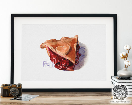 Watercolor Cherry Pie Slice Art Print – Sweet Dessert Wall Decor, Food Illustration, Cottage Kitchen Art Gift