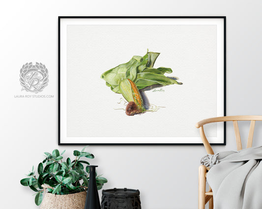Partially Shucked Corn Watercolor Art Print – Rustic Harvest Illustration, Farmhouse Kitchen Decor