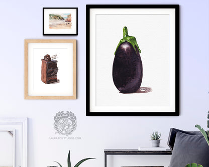 Baby Eggplant Watercolor Art Print – Mini Purple Vegetable Kitchen Decor, Botanical Produce Illustration