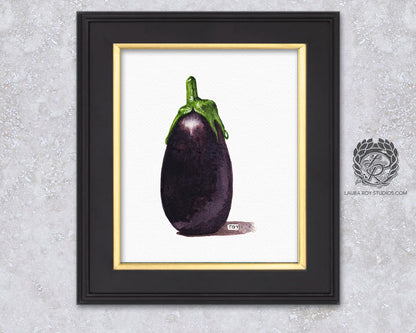 Baby Eggplant Watercolor Art Print – Mini Purple Vegetable Kitchen Decor, Botanical Produce Illustration