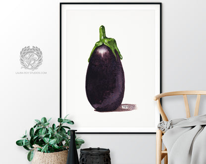 Baby Eggplant Watercolor Art Print – Mini Purple Vegetable Kitchen Decor, Botanical Produce Illustration