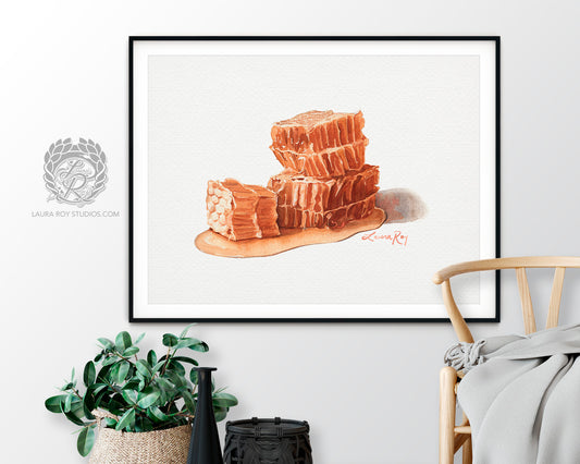 Honeycomb Watercolor Art Print – Sweet Golden Honey Illustration, Bee-Inspired Kitchen Decor