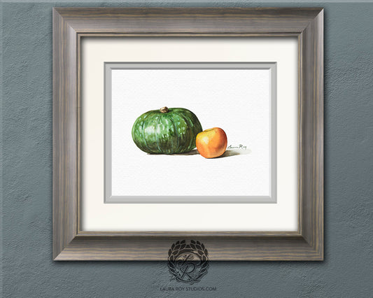 Kabocha Squash and Apple Watercolor Art Print – Autumn Harvest Still Life, Cozy Kitchen Decor