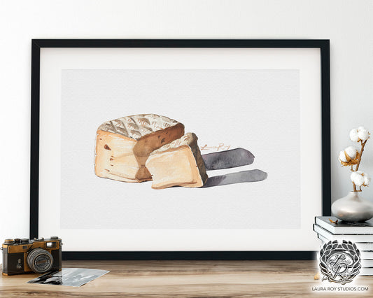 Triple Cream Cheese Watercolor Print – Soft-Ripened Wedge Still Life, Gourmet Food Art, Elegant Kitchen Wall Decor, Giclée Print