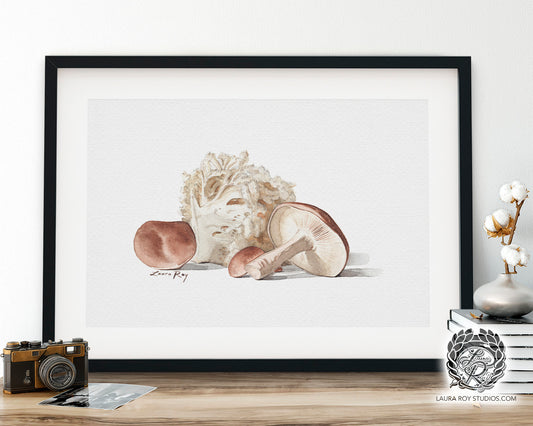 Mushroom Medley Watercolor Art Print – Shiitake and Lion's Mane Illustration, Gourmet Kitchen Decor