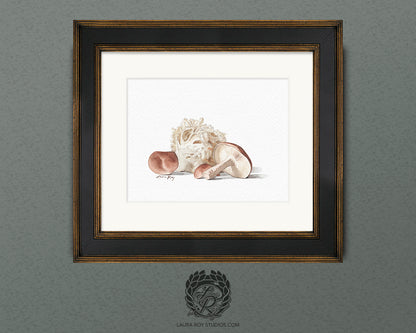 Mushroom Medley Watercolor Art Print – Shiitake and Lion's Mane Illustration, Gourmet Kitchen Decor