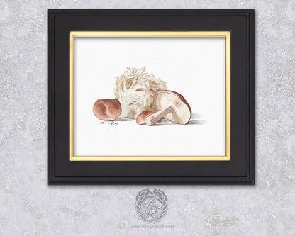 Mushroom Medley Watercolor Art Print – Shiitake and Lion's Mane Illustration, Gourmet Kitchen Decor