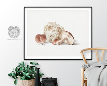 Mushroom Medley Watercolor Art Print – Shiitake and Lion's Mane Illustration, Gourmet Kitchen Decor