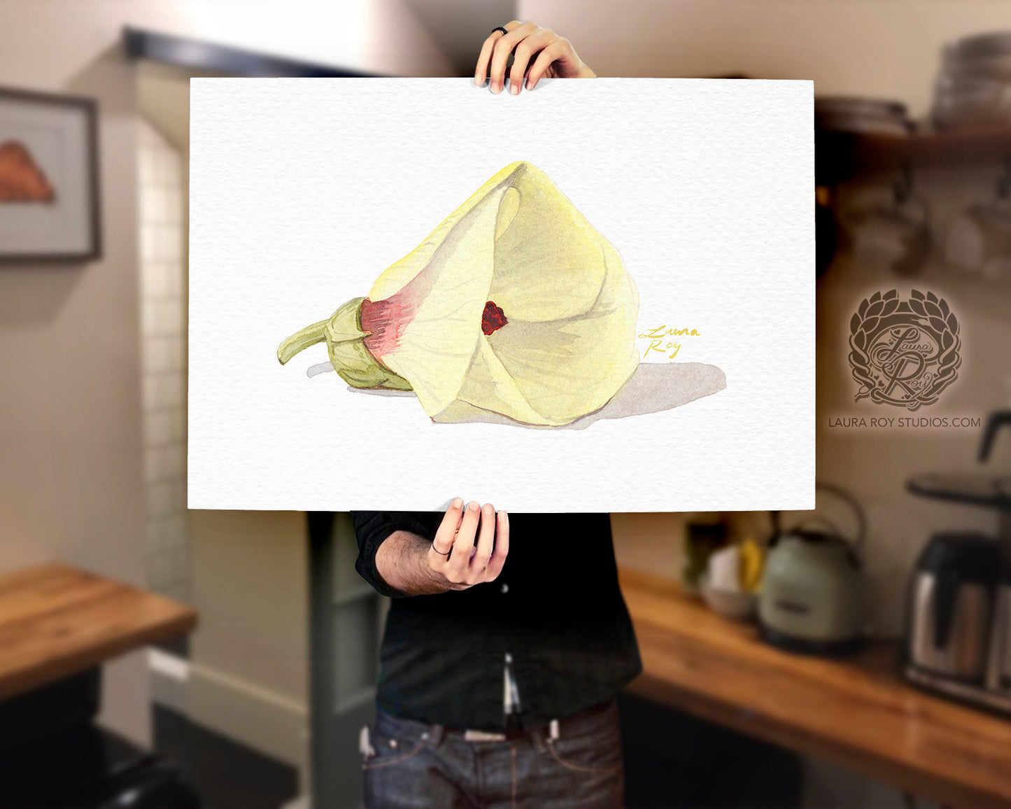 Okra Flower Watercolor Art Print – Delicate Botanical Illustration, Southern Kitchen Decor