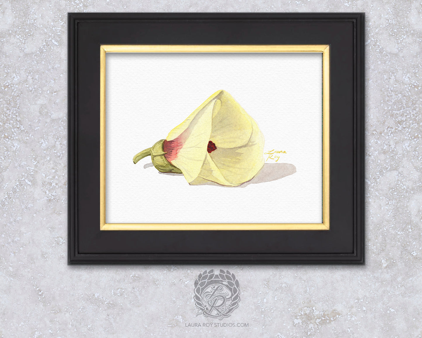 Okra Flower Watercolor Art Print – Delicate Botanical Illustration, Southern Kitchen Decor