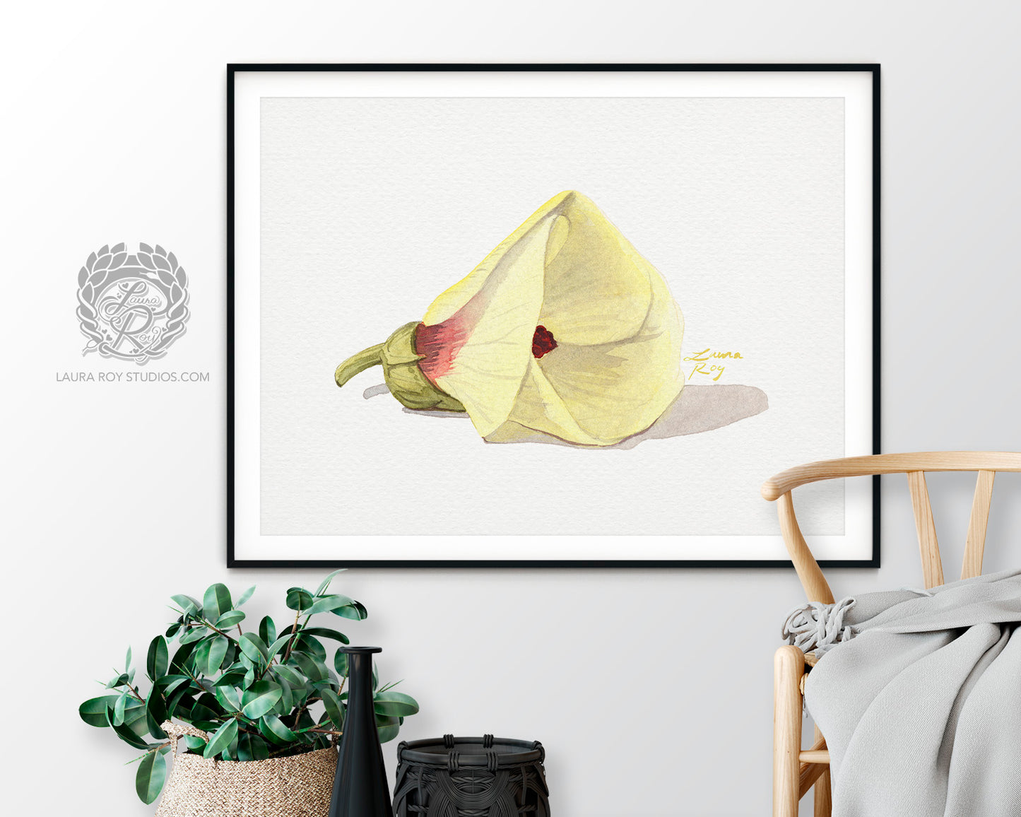 Okra Flower Watercolor Art Print – Delicate Botanical Illustration, Southern Kitchen Decor