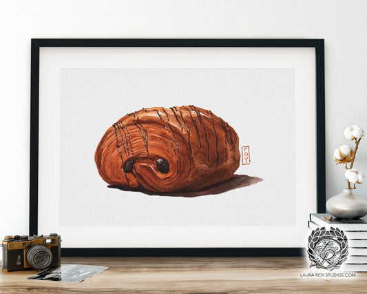 Pain au Chocolat Watercolor Art Print – French Pastry Illustration, Gourmet Kitchen Wall Decor