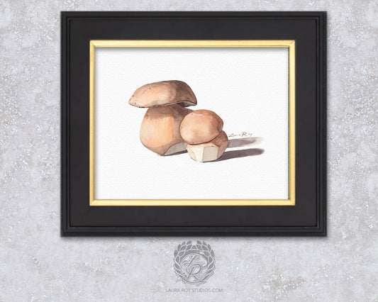 Porcini Mushrooms Watercolor Art Print – Cozy Fungi Pair Illustration, Rustic Kitchen Decor