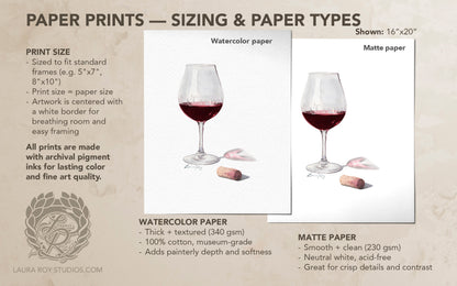 Red Wine Watercolor Art Print – Glass of Pinot Noir with Cork, Elegant Kitchen or Bar