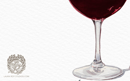Red Wine Watercolor Art Print – Glass of Pinot Noir with Cork, Elegant Kitchen or Bar
