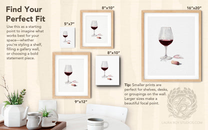 Red Wine Watercolor Art Print – Glass of Pinot Noir with Cork, Elegant Kitchen or Bar